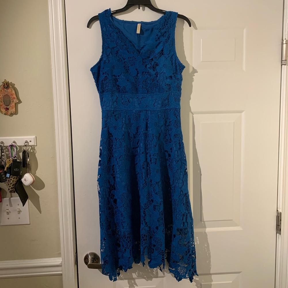 Blue Lace V Neck Dress